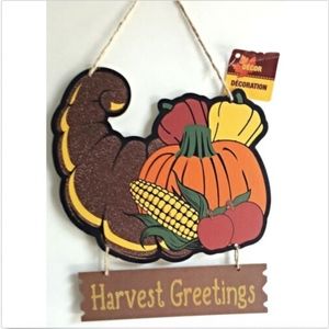 Cornucopia  Fall Decor Harvest Greetings Thanksgiving wall door plaque  glitter*